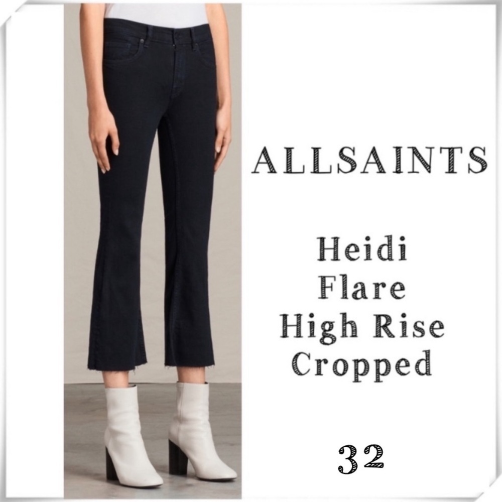 All Saints Heidi Flare High Rise Cropped Jeans in Dark Indigo Blue Size 32 NWT